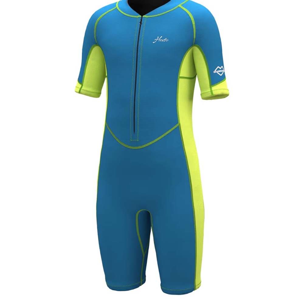 Kids Short Sleeve Neoprene Swim Suit - Blue/Neon Green